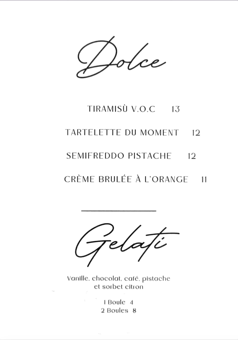 Menu du VOC Ristorante