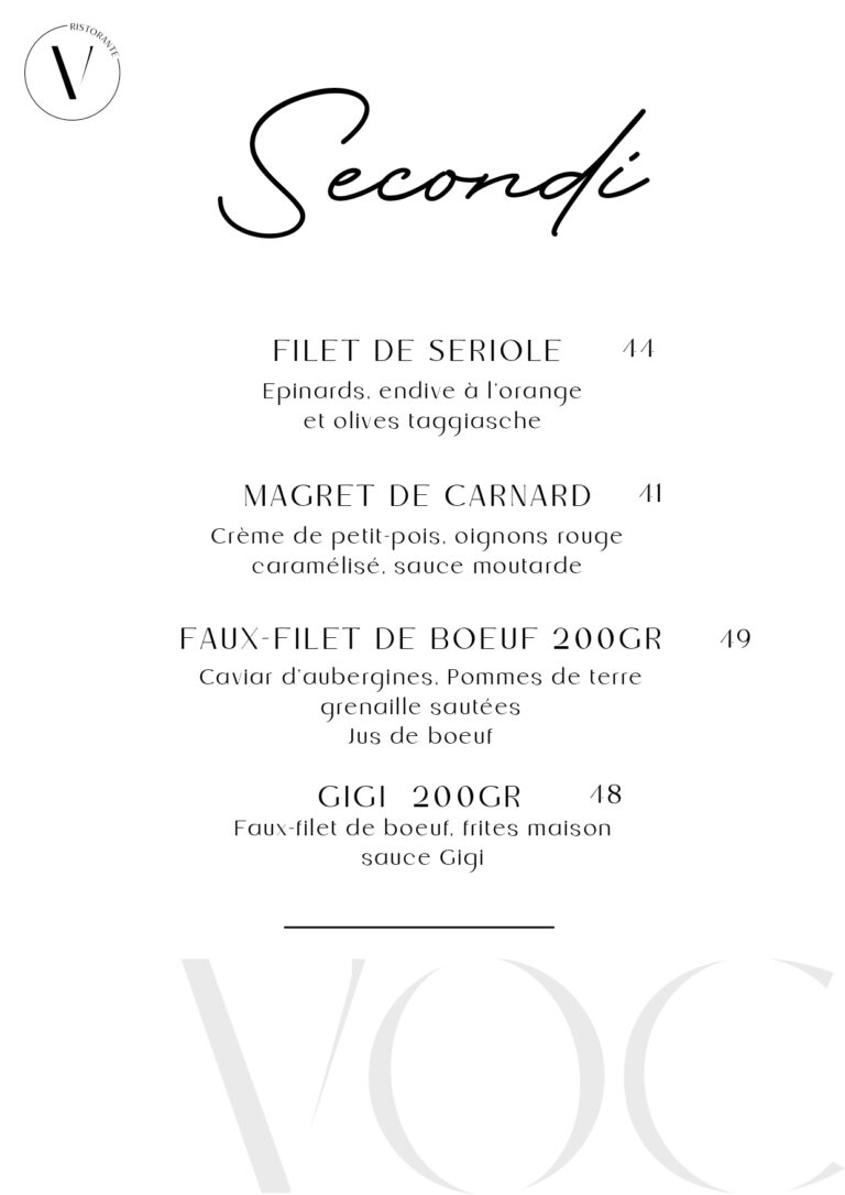 Menu du VOC Ristorante