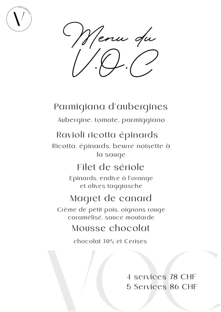 Menu du VOC Ristorante