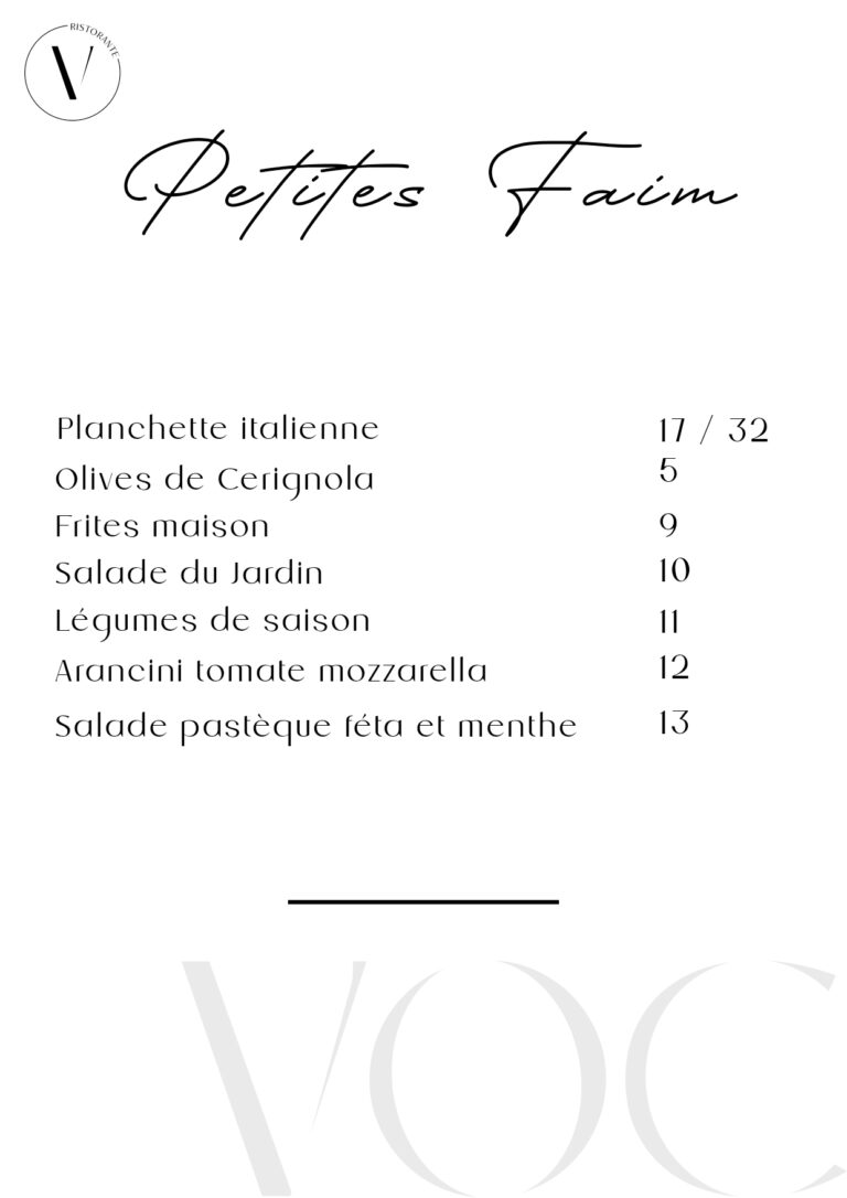 Menu du VOC Ristorante